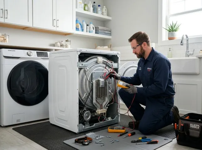 Appliance Repair Hero technician checking a dryer heating element with the rear panel off in American Fork, UT