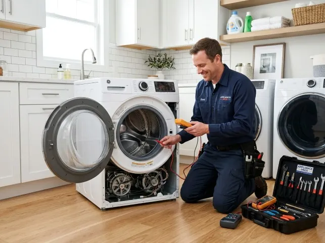 Appliance Repair Hero technician testing a front-load washer with a multimeter on a American Fork, UT service call
